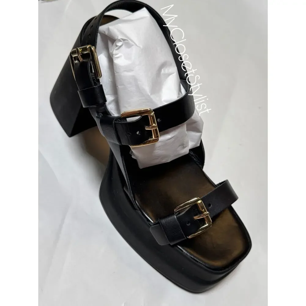 NEW! Free People Black Platform Italian Leather Sandals Made in Italy Shoes 38 8